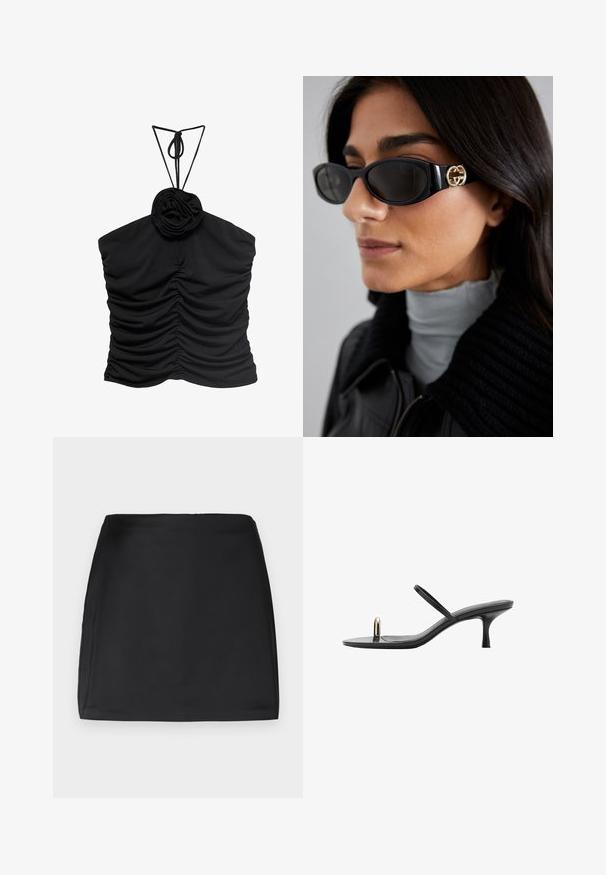 Zwarte haltertop met verstelbare bandjes, gerimpeld stoffen ontwerp en een rozenvormige accent bij de halslijn. Gladde textuur.; Zwarte mini rok, gladde textuur, rechte snit, geen zichtbare sluitingen of versieringen, ongevoerd, minimalistisch ontwerp.; Zwarte hoge sandaal met een slank ontwerp, voorzien van dunne banden en een unieke frontaccent. Glad textuur met een spitse neus en een hak van 7,5 cm.; Zwarte zonnebril met een stijlvolle rechthoekige montuur en een gouden logo-accent aan de zijkant. Donkere lenzen en een glanzende afwerking zijn opvallend.