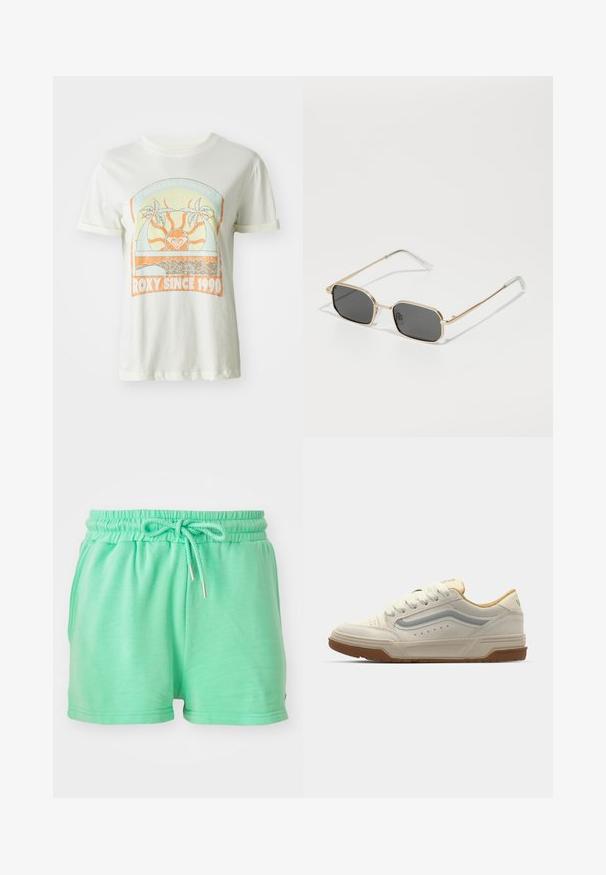 T-shirt en coton crème avec un graphique rétro représentant des palmiers, un soleil et "ROXY SINCE 1990" en accents orange et teal. Manches courtes.; Shorts vert menthe en matière douce, dotés d'une taille élastique avec cordon de serrage ajustable et poches latérales.; Baskets avec une tige en daim crème, des accents gris et une semelle en caoutchouc brun. Présentent un bout arrondi, un design texturé et des lacets plats.; Lunettes de soleil avec un design de verres octogonaux noirs, monture en métal doré et branches en argent fines. Accents en caoutchouc transparent aux extrémités des branches.