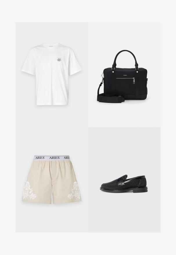 Hvit T-skjorte laget av bomull, med korte ermer, rund hals og en liten grå logo på venstre brystområde. Smooth tekstur.; Beige bomullsshorts med hvit blomsterbroderi på den ene siden. Elastisk midjebånd med "ARIES" trykt i svart på hvit bånd.; Sorte vevde slip-on sko med en glatt lærdetalj på overdelen, design med rund tå og en lavprofil gummisåle.; Svart syntetisk totebag med to håndtak, avtagbar skulderrem, frontlomme med glidelås og detaljer i sølv.