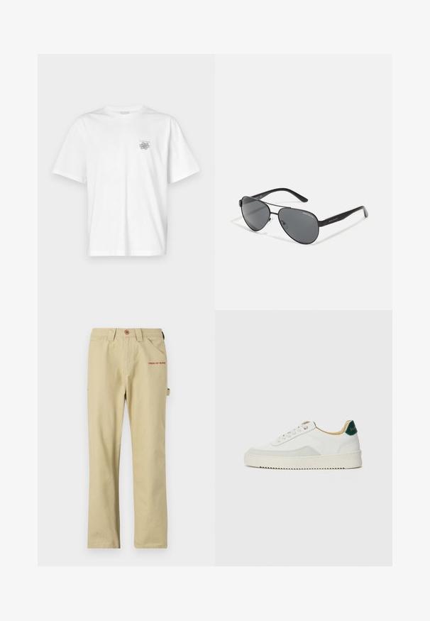 Bela majica iz bombaža s kratkimi rokavi, okroglim izrezom in majhnim sivim logotipom na levi strani prsnega dela. Gladka tekstura.; Bežna bombažna hlače s ravnimi nogavicami, z rdečim logotipom spredaj, sprednjimi žepi in stranskim obročkom za dodatke.; Bela trenerka z zaključki iz semiša, okroglo konico, ravne vezalke in kremna gumijasta podplata. Ima zeleno blagovno znamko na peti.; Črne aviatorske sončna očala s temnimi lečami, tankim kovinskim okvirjem in vitkimi plastičnimi ročaji z logotipnimi detajli.