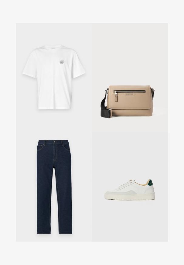 Tricou alb din bumbac, cu mâneci scurte, guler rotund și un mic logo gri în zona stângă a pieptului. Textură netedă.; Jeans din denim albastru închis cu croială dreaptă, design cu cinci buzunare și cusături vizibile. Dispune de o închidere cu nasture la talie.; Sneaker alb cu accente din suede, vârf rotund, șireturi plate și o talpă din cauciuc crem. Are un logo verde pe călcâie.; Geantă de umăr din piele bej cu un finisaj texturat, având un buzunar frontal cu fermoar și un brâu ajustabil negru. Logo-ul este afișat pe față.