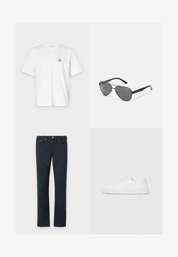 Witte t-shirt van katoen met korte mouwen, een ronde hals, en een klein grijs logo op de linker borstzijde. Soepele textuur.; Diep marineblauwe katoenbroek met een recht model, voorzien van twee voorzakken en een knoopsluiting met metalen beslag. Zachte textuur.; Witte sneaker met een gladleren bovenkant, ronde neus, veters, gestructureerde zijaccenten en een dikke rubberen zool. Minimalistisch ontwerp.; Zwarte piloten zonnebril met donkere glazen, dunne metalen frame en slanke plastic poten met logo-accenten.
