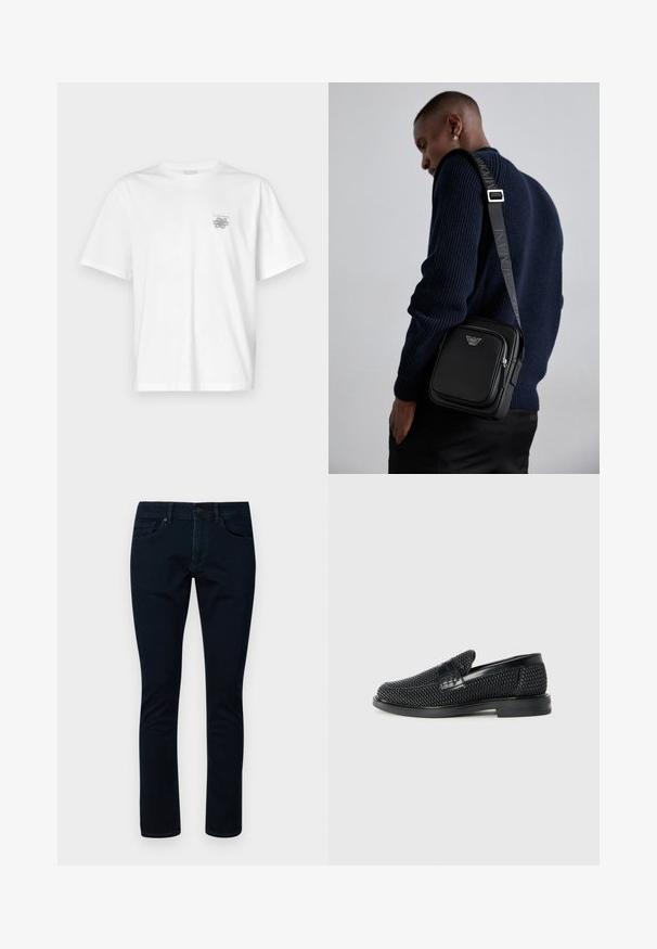 Camiseta blanca de algodón con mangas cortas, cuello redondo y un pequeño logo gris en el lado izquierdo del pecho. Textura suave.; Jeans de mezclilla de color azul oscuro, con un diseño clásico de cinco bolsillos, corte recto y sutiles detalles de costura en los bolsillos.; Zapato negro de tejido con un acento de cuero suave en la parte superior, diseño de punta redonda y suela de goma de perfil bajo.; Bolso cruzado de cuero negro con un compartimento con cremallera, detalle de logo y una correa ajustable de marca. Llevado sobre un suéter de punto azul marino.