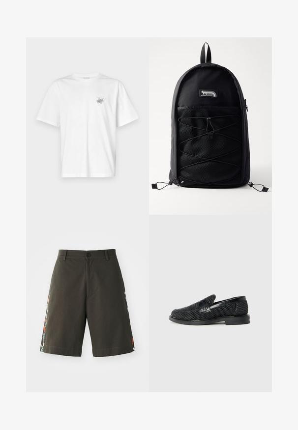 Weißes T-Shirt aus Baumwolle mit kurzen Ärmeln, Rundhalsausschnitt und kleinem grauen Logo auf der linken Brustseite. Glatte Textur.; Paul Smith EMBORIDERED - Shorts - military green; Schwarzer geflochtener Slipper mit einem glatten Lederakzent im Obermaterial, einem runden Zehendesign und einer flachen Gummisohle.; Schwarzer Rucksack mit abgerundetem oberen Ende, Netzfronttasche, elastischem Bungee-Kordelzug und Logo-Patch. Leichter Stoff mit glatter Textur.