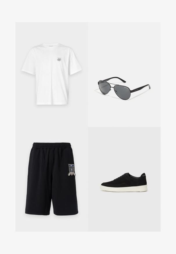 Hvit T-skjorte laget av bomull, med korte ermer, rund hals og en liten grå logo på venstre brystområde. Smooth tekstur.; Svarte bomullsshorts med elastisk midje, sidelommer og et dekorativt merke med "Kjærlighet & Rettferdighet" på venstre ben.; Svart semsket sneakers med snøring og kontrasterende hvit gummisåle. Har teksturerte sidepaneler og subtil merkevare på hælen.; Svarte pilotbriller med mørke linser, tynn metallramme og slanke plastarmer med logo aksenter.