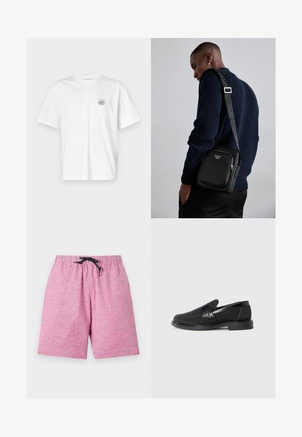 Biela tričko vyrobené z bavlny, s krátkymi rukávmi, okrúhlym výstrihom a malým šedým logom na oblasti ľavej hrude. Hladká textúra.; Ružové plavky s vzorom, s elastickým pásom a čiernou šnúrkou na sťahovanie. Materiál sa zdá byť ľahký s textúrovaným povrchom.; Čierne tkané slip-on topánky s hladkým koženým akcentom na vrchnej časti, s okrúlym dizajnom špičky a nízkoprofilovou gumovou podrážkou.; Čierna kožená kabelka cez telo s uzatvárateľnou priehradkou, detailom loga a nastaviteľným popruhom s nápisom značky. Nosená proti textúrovanej námorníckej svetri.