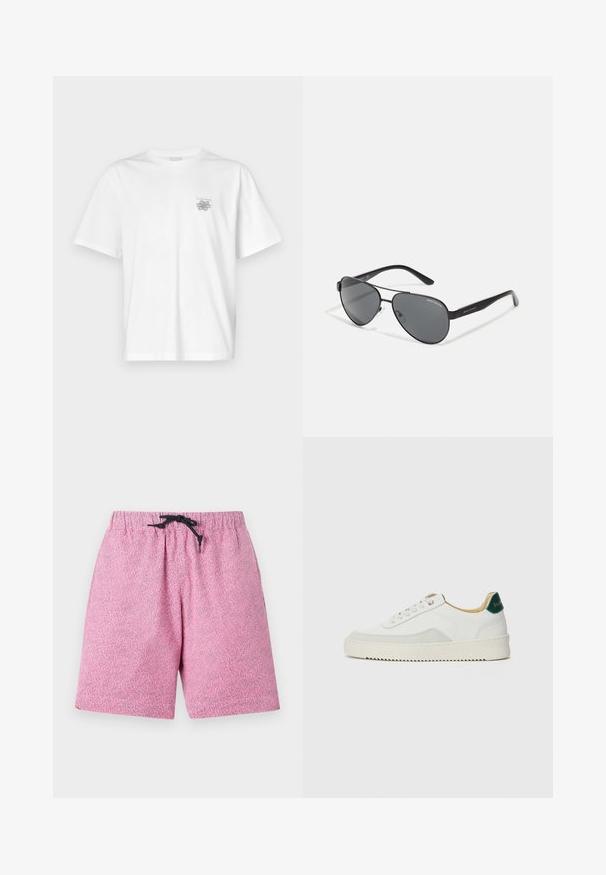 Valkoinen puuvillapaita, jossa on lyhyet hihat, pyöreä kaula-aukko ja pieni harmaa logo vasemmassa rintataskussa. Täydellinen sileä rakenne.; Vaaleanpunaiset, kuvioidut uimapuvut, joissa on joustava vyötärö ja musta kiristysnauha. Materiaali näyttää kevyeltä ja siinä on rakennepinnoite.; Valkoiset tennarit, joissa on nahkaosia, pyöreä kärki, tasaiset nauhat ja kermaisa kumi-pohja. Takana vihreä brändäys.; Mustat lentokonesankalasit tummilla linsseillä, ohuella metallikehyksellä ja hoikilla muovivarsilla, joissa on logopainatuksia.