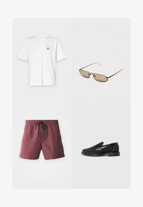T-shirt blanc en coton avec des manches courtes, un col ras du cou et un petit logo gris sur la partie gauche de la poitrine. Texture lisse.; Shorts de bain bordeaux avec une taille élastique et un cordon noir. Comprend des poches latérales et un tissu doux et léger.; Chaussure slip-on tissée noire avec un accent en cuir lisse sur le dessus, un design à bout rond et une semelle en caoutchouc à profil bas.; Lunettes de soleil rectangulaires en métal marron avec des verres teintés marron et des branches fines et transparentes, présentant un design minimaliste et un branding subtil.