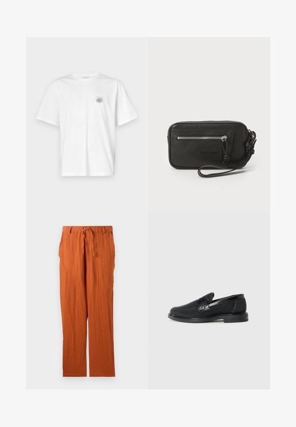 Valge puuvillane T-särk lühikeste varrukatega, ümmarguse kaelusega ja väike hall logo vasakul rinnaosal. Sile tekstuur.; Rostevärvi püksid, mis on valmistatud tekstuurikast kangast, millel on sidumisvöö ja sirge jalgade disain. Lihtne ja ilma embellishmentseta stiil.; Must musta kootud slip-on king, millel on pehme nahast accent ülaserval, ümmargune varvas ja madal profiiliga kummitald.; Must musta nahk-käekott tekstureeritud pinnaga, ees suure tõmblukuga tasku ja eemaldatav randmepael. Esiküljel on logo-patch. Ristkülikukujuline.