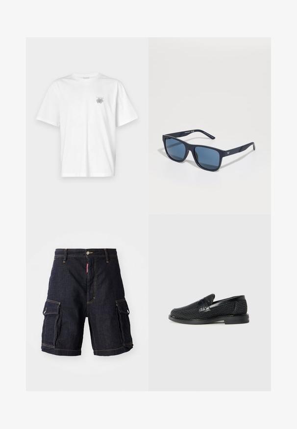 Fehér pamut póló rövid ujjakkal, kerek nyakkal, és egy kis szürke logóval a bal mellrészen. Sima tapintású.; Sötétkék farmer cargo sort, amely több oldalzsebbel, sárga varrással és gombos derékpánttal rendelkezik. Anyaga strapabíró és tartós.; Fekete szőtt slip-on cipő sima bőr díszítéssel a felsőrészen, kerek orral és alacsony profilos gumitalppal.; Kék téglalap alakú napszemüveg sötét lencsékkel, matt sötétkék kerettel, logóval a szárán, egyenes karokkal és sima, egységes textúrával.