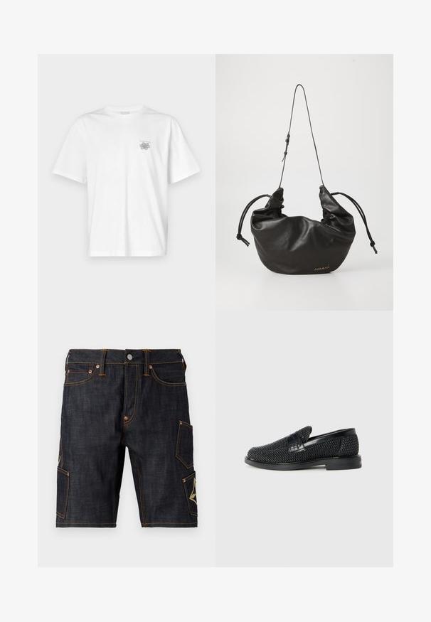 Bílá bavlněná trička s krátkým rukávem, kulatým výstřihem a malým šedým logem na levé části hrudi. Hladká textura.; Tmavé džínové šortky s rovný střihem, s kontrastním oranžovým prošíváním, pěti kapsami a cargo kapsou se znakem.; Černé pletené nazouvací boty s hladkým koženým akcentem na svršku, kulatou špičkou a nízkoprofilovou gumovou podrážkou.; Černá měkká kožená kabelka přes rameno s nastavitelným tenkým popruhem, stažené boky svázané uzly a malým zlatým logem na přední dolní straně.