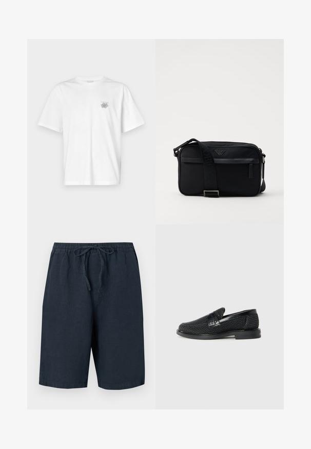 Biela tričko vyrobené z bavlny, s krátkymi rukávmi, okrúhlym výstrihom a malým šedým logom na oblasti ľavej hrude. Hladká textúra.; Tmavomodré ľanové šortky s elastickým pásom a nastaviteľným šnúrkovým uzáverom. Obsahujú bočné vrecká a majú uvoľnený strih.; Čierne tkané slip-on topánky s hladkým koženým akcentom na vrchnej časti, s okrúlym dizajnom špičky a nízkoprofilovou gumovou podrážkou.; Čierna nylonová taška cez rameno so kontrastným popruhom, štýlovým obdĺžnikovým tvarom, detailom loga a zipsovou kapsou na prednej strane.
