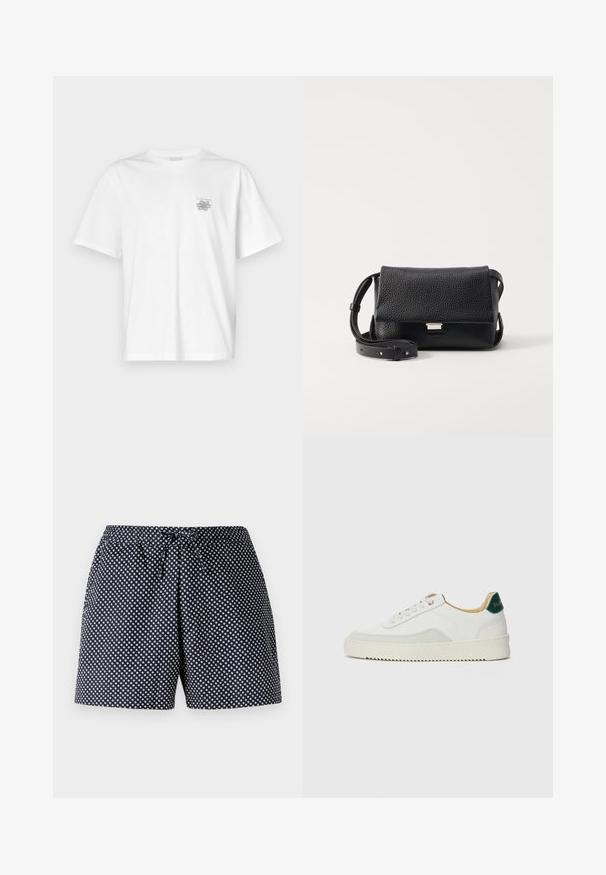 Biela tričko vyrobené z bavlny, s krátkymi rukávmi, okrúhlym výstrihom a malým šedým logom na oblasti ľavej hrude. Hladká textúra.; Námornícky modré šortky s bielym kruhovým bodkovaným vzorom, s elastickým pásom a šnúrkou na stiahnutie. Ľahká tkanina, voľný strih.; Biele tenisky s semišovými akcentmi, zaoblenou špičkou, plochými šnúrkami a krémovou gumovou podrážkou. Na päte sú zelené značky.; Čierna textúrovaná kožená crossbody taška s klapkou, striebornými kovovými detailami a nastaviteľným popruhom. Minimalistický dizajn s čistými líniami.