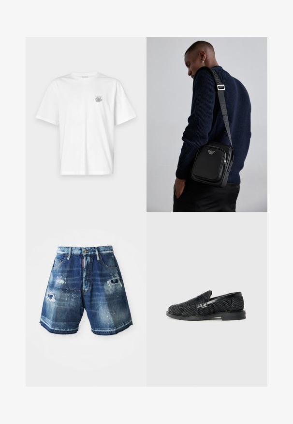 T-shirt blanc en coton avec des manches courtes, un col ras du cou et un petit logo gris sur la partie gauche de la poitrine. Texture lisse.; Shorts en denim bleu foncé avec des détails usés. Caractéristiques d'ourlets effilochés, de poches et d'une fermeture à bouton. Variations de lavage sur le tissu.; Chaussure slip-on tissée noire avec un accent en cuir lisse sur le dessus, un design à bout rond et une semelle en caoutchouc à profil bas.; Sac à bandoulière en cuir noir avec un compartiment zippé, détail de logo et une sangle réglable marquée. Porté avec un pull texturé bleu marine.