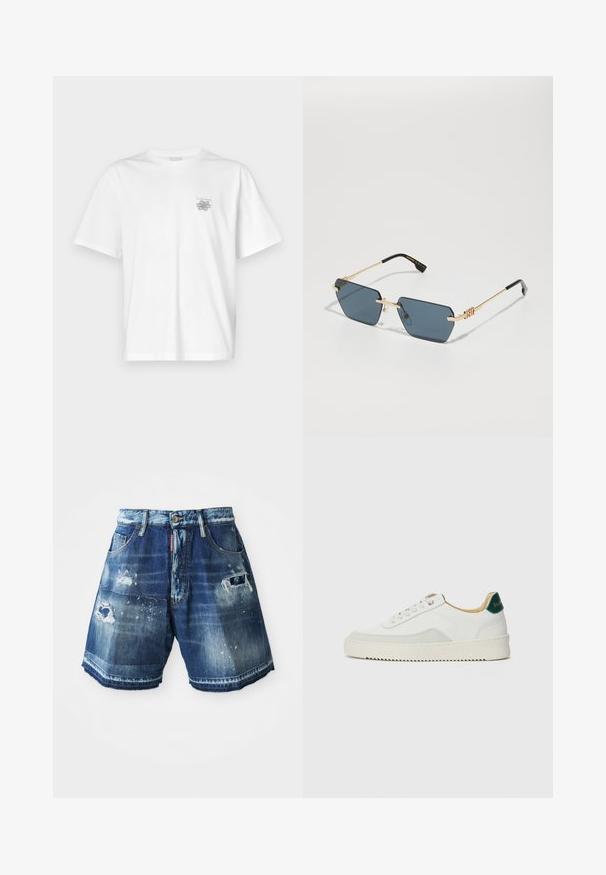 Witte t-shirt van katoen met korte mouwen, een ronde hals, en een klein grijs logo op de linker borstzijde. Soepele textuur.; Donkerblauwe denim shorts met vervaagde details. Voorzien van rafelige zomen, zakken en een knoopsluiting. Wasvariaties door de stof.; Witte sneaker met suède accenten, ronde neus, platte veters en een crème rubberen zool. Bevat groene branding op de hiel.; Rechthoekige zonnebrillen met donkerblauwe glazen, gouden metalen montuur en zwarte tempeltips. Heldere neuspads en logodetail op de tempels.