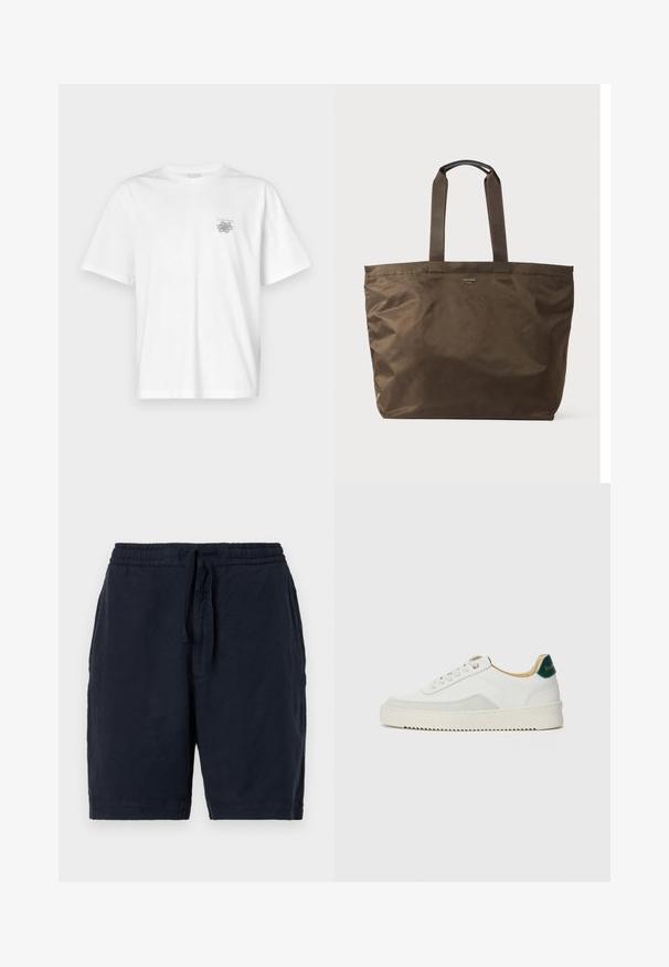 Bílá bavlněná trička s krátkým rukávem, kulatým výstřihem a malým šedým logem na levé části hrudi. Hladká textura.; Námořnické lněné šortky s elastickým pasem a šňůrkou, s uvolněným střihem a mírně strukturovaným povrchem.; Bílé tenisky se semišovými prvky, kulatou špičkou, plochými tkaničkami a krémovou gumovou podrážkou. Na patě mají zelené logo.; Hnědá nylonová taška přes rameno se dvěma textilními rukojetmi a hladkým povrchem. Má minimální branding na přední straně.