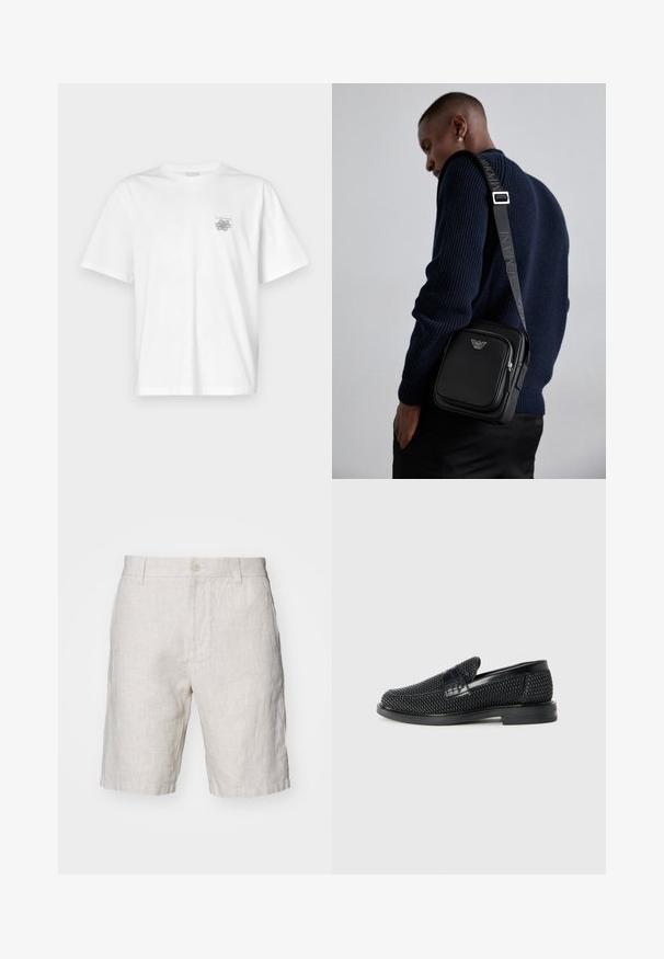 Camiseta blanca de algodón con mangas cortas, cuello redondo y un pequeño logo gris en el lado izquierdo del pecho. Textura suave.; Pantalones cortos de lino beige claro con una textura natural, que cuentan con un cierre de botón en la parte delantera y bolsillos laterales. Diseño de pierna recta.; Zapato negro de tejido con un acento de cuero suave en la parte superior, diseño de punta redonda y suela de goma de perfil bajo.; Bolso cruzado de cuero negro con un compartimento con cremallera, detalle de logo y una correa ajustable de marca. Llevado sobre un suéter de punto azul marino.