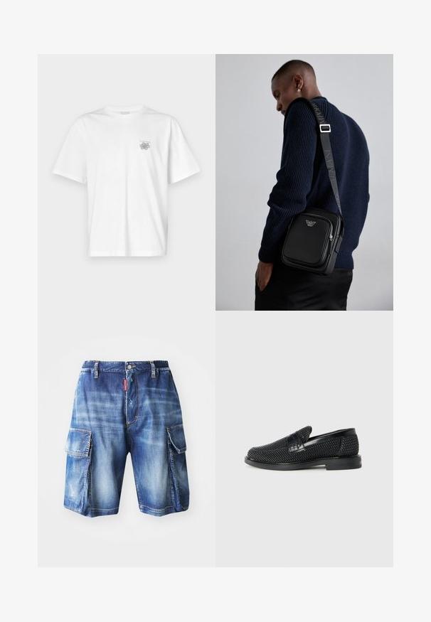 T-shirt blanc en coton avec des manches courtes, un col ras du cou et un petit logo gris sur la partie gauche de la poitrine. Texture lisse.; Chino en denim avec une coupe décontractée, délavage bleu clair, deux grandes poches latérales et des détails usés discrets, avec une ceinture élastique.; Chaussure slip-on tissée noire avec un accent en cuir lisse sur le dessus, un design à bout rond et une semelle en caoutchouc à profil bas.; Sac à bandoulière en cuir noir avec un compartiment zippé, détail de logo et une sangle réglable marquée. Porté avec un pull texturé bleu marine.