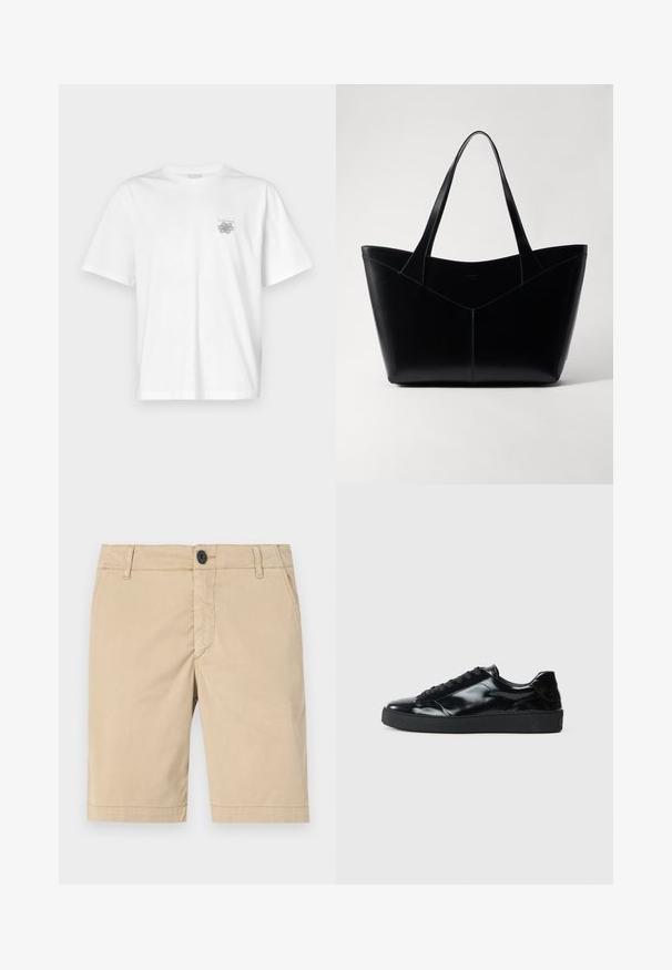 Bílá bavlněná trička s krátkým rukávem, kulatým výstřihem a malým šedým logem na levé části hrudi. Hladká textura.; Khaki kraťasy vyrobené z bavlny. Mají zipový rozparek, knoflíkovou sponu, přední kapsy, šité švy a rovný přední design.; Černé lakované kožené tenisky s kulatou špičkou, šněrováním, texturovanou gumovou podrážkou a hladkým povrchem.; Černá kožená tote taška se strukturovaným tvarem, vybavená dvěma dlouhými uchy a V-švem na přední straně. Hladká textura.