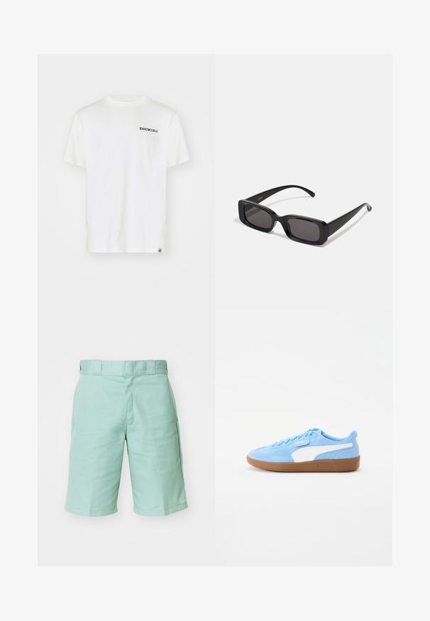 Witte katoenen t-shirt met een zwart "DICKIES" logo op de linkerkant van de borst. Standaard ronde hals, korte mouwen en een ontspannen pasvorm.; Mintgroene cargoshorts van katoen, met twee zijzakken, een platte tailleband en gestikte zomen. Glad textuur zonder patronen.; Lichtblauwe suède sneakers met witte accenten, ronde neus, vetersluiting en een getextureerde gumrubberen zool met het Puma-logo.; Zwarte rechthoekige zonnebril met donkere lenzen, glanzende afwerking, brede pootjes en een robuust frameontwerp. Gegraveerde merknaam op één van de pootjes.