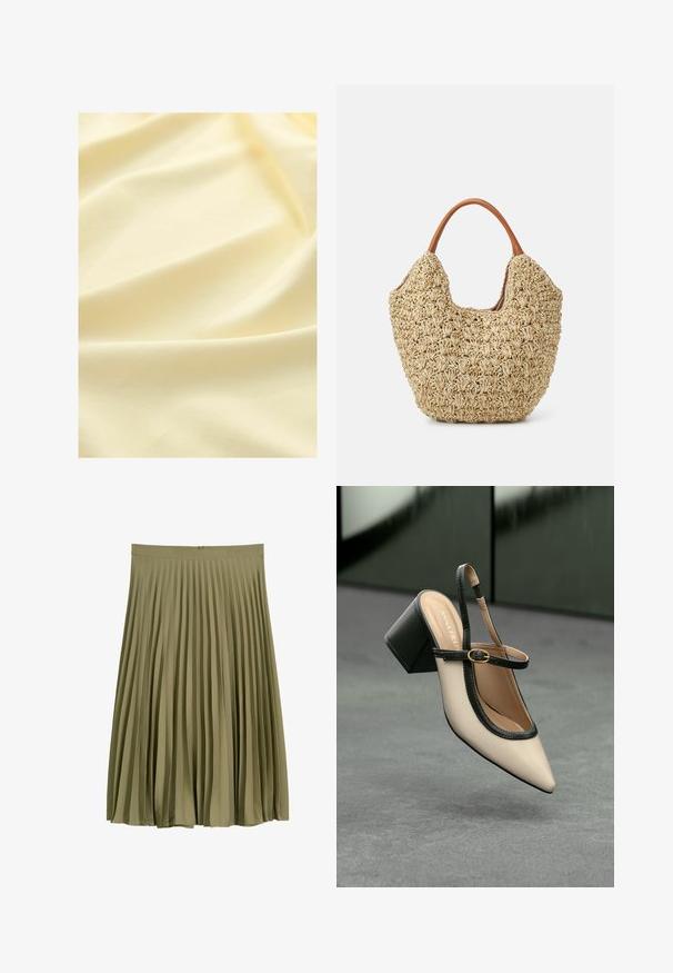 Gaiši dzeltena auduma virsma ar maigu, gludu tekstūru, kurā redzami maigi krokas un smalka spīduma, piemērota apģērba vai mēbeļu polsterēšanai.; Olive krāsa midi garuma plisēta svārku ar jostas daļu un noslēptu aizmugures rāvējslēdzēja aizdari.; Beige smailā purngalā siksnu kurpe ar melnu akcentu, zelta sprādzi un masīvu bloku papēdi uz pelēka grīdas ar tumši zaļu fonu.; Austa salmu rokassoma ar dabīgu tekstūru un mīkstu, organisku formu, apvienota ar brūnām ādas rokturiem ērtai nēsāšanai.