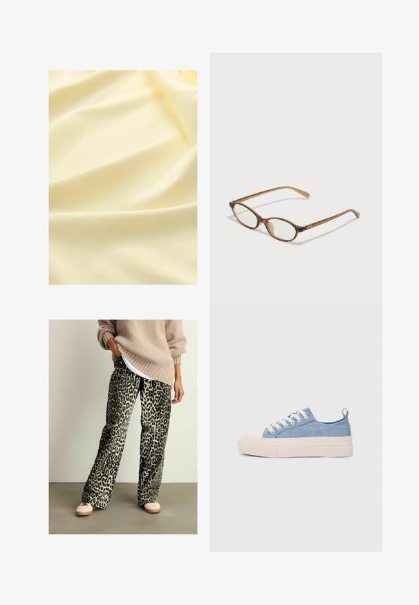 Světlě žlutá látka s měkkou, hladkou strukturou, vykazující jemné záhyby a lehký lesk, vhodná na oděvy nebo čalounění.; Kalhoty s zvířecím potiskem v černé a šedé barvě s širokým střihem, vyrobené z měkké látky, v kombinaci s béžovým pleteným svetr a světlými botami.; Světlé modré plátěné tenisky s krémovou gumovou špičkou a podrážkou, které mají bílé tkaničky a poutko na patě.; Hnědé želvovinové brýle s oválnými skly, tenkými bočními nohami a průhlednými akcenty. Obsahují decentní logo na stranu. Elegantní, lehký design.