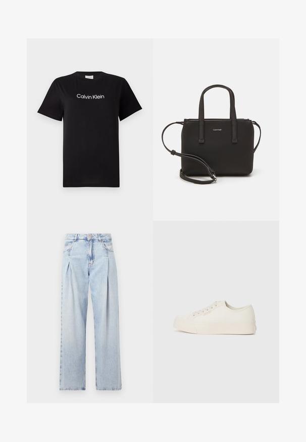 Čierne bavlnené tričko s krátkymi rukávmi, s bielym logom "Calvin Klein" potlačeným na hrudi. Klasický výstrih v štýle crew neck.; Svetlomodré džínsy s vysokým pásom, širším strihom po celej dĺžke, dvoma bočnými vreckami a skladaným dizajnom. Mäkka textúra s vyblednutým vzhľadom.; Tenisky vyrobené z off-white plátna, s nízkym strihom, okrúhlou špičkou a plochou gumovou podrážkou so jemným stehom.; Čierna kabelka s dvojitými krátkymi rúčkami a odnímateľným ramenným popruhom. Hladký materiál podobný koži s uzatváraním na zips a detailom loga.