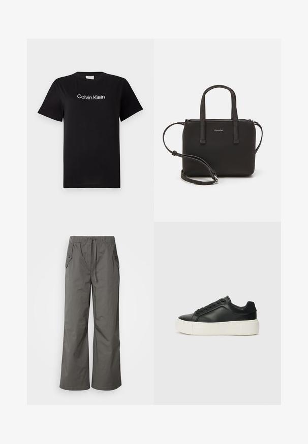 Must musta T-särk lühikeste varrukatega, millel on rinnal valge logo "Calvin Klein". Klassikaline ümmargune kaelus.; Hallid hallid laiad püksid kerge kangaga, millel on elastne vöökoht, nöör ja kaks küljetaskut nupuga kaunistustega.; Must musta sneaker ümarate varvastega, valge platvormi tallaga ja mustade paeltega. Omab diskreetset logo kandadel ja sileda tekstuuriga.; Musthave mustrans vöö ja eemaldatav õlarihm. Gludike nahk siledaga, millel on tõmblukk ja logo detail.