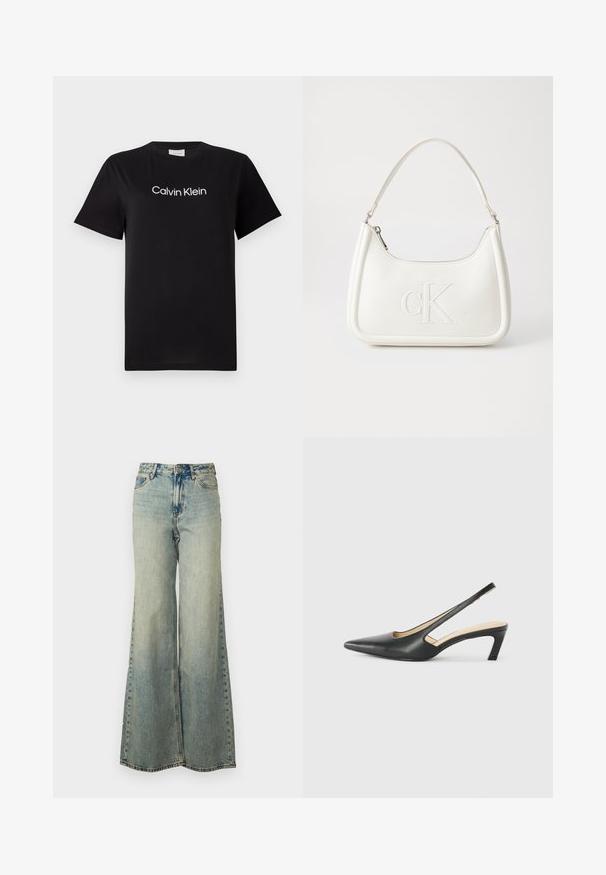 Černé bavlněné tričko s krátkým rukávem, které má na hrudi vytištěné bílé logo "Calvin Klein". Klasický design s kulatým výstřihem.; Svetle modré široké džínsy z denimu s vysokým pasem, se světlým umytím a bočními kapsami s viditelným šitím.; Černý špičatý slingback s nízkým podpatkem, vyrobený z hladké kůže, s výřezem na boku pro lepší prodyšnost.; Bílá kožená kabelka s křivkovým tvarem, na přední straně s vyraženým logem "CK" a jediným ramenním popruhem. Zipový uzávěr na vrchu.
