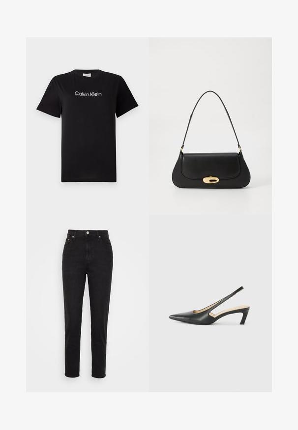 Fekete pamut póló rövid ujjal, fehér "Calvin Klein" logóval a mellkason. Klasszikus kerek nyakú kialakítás.; Fekete, magas derekú, slim-fit farmernadrág elöl gombbal, övbújtatókkal és öt zsebes kialakítással fehér háttéren.; Fekete, hegyes orrú, slingback cipő alacsony sarkával, sima bőrből készült, oldalt kivágott deisgnal a légáteresztőképesség érdekében.; Fekete bőr táska ívelt kialakítással, arany színű fémrészletekkel és felső fogantyúval. Csúszásmentes záródás és sima textúra jellemzi.