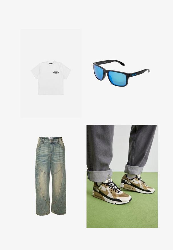 Bílá bavlněná tričko s kulatým výstřihem, krátkými rukávy a malým černým logem potisknutým na levém hrudníku. Měkká, hladká textura.; Světlé modré široké džíny s vysokým pasem, se zakřivenými švy a zakončenými lemy. Vyrobené z denimu s vybledlými místy.; Tenisky Nike Air Max 90 v béžové a černé barvě, vyrobené z materiálů síťoviny a kůže, s viditelným polstrováním a černými tkaničkami.; Stylové černé sluneční brýle s modrými zrcadlovými čočkami, čtvercovými rámy a modrým akcentem na spáncích. Vyrobené z lehkého plastového materiálu.