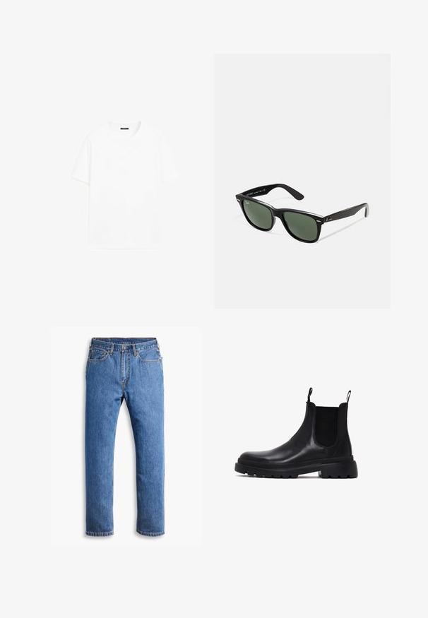 Weißes Baumwoll-T-Shirt mit kurzen Ärmeln, rundem Ausschnitt und geradem Schnitt. Glatte Textur ohne sichtbare Muster oder Akzente.; Blaue Jeans aus Denim mit geradem Schnitt, mit fünf Taschen, einem Knopfverschluss und orangefarbenen Nähten auf einem klaren weißen Hintergrund.; Schwarze Leder Chelsea-Boots mit elastischen Seitenpaneelen, Zuglaschen und einer dicken Gummisohle mit strukturiertem Profil. Klassisches Knöchelhöhen-Design.; Schwarze Plastiksonnenbrille mit grünen Gläsern, quadratischen Rahmen, silbernem Akzent auf der Augenbraue und strukturierten Bügeln. Angegebene Marke auf dem inneren Bügel.