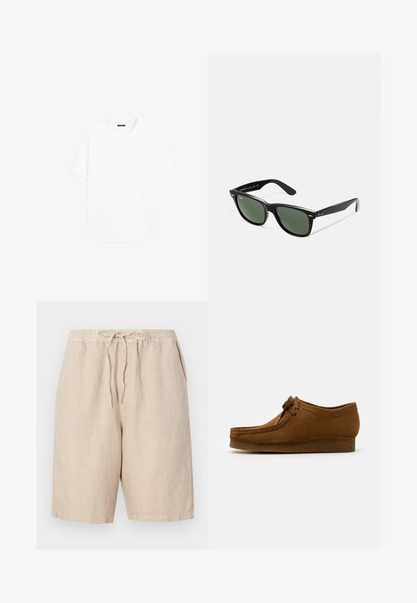 Weißes Baumwoll-T-Shirt mit kurzen Ärmeln, rundem Ausschnitt und geradem Schnitt. Glatte Textur ohne sichtbare Muster oder Akzente.; Leinen Shorts in einem hellbeigen Farbton mit elastischem Bund, verstellbarem Kordelzug und Seitentaschen. Glatte Textur mit einem lässigen Schnitt.; Braune Wildlederschuhe mit runder Spitze und niedrigem Absatz, mit detaillierten Nähten entlang der Nähte und einer Schnürung auf der Vorderseite. Weiche Textur mit schlankem Design.; Schwarze Plastiksonnenbrille mit grünen Gläsern, quadratischen Rahmen, silbernem Akzent auf der Augenbraue und strukturierten Bügeln. Angegebene Marke auf dem inneren Bügel.