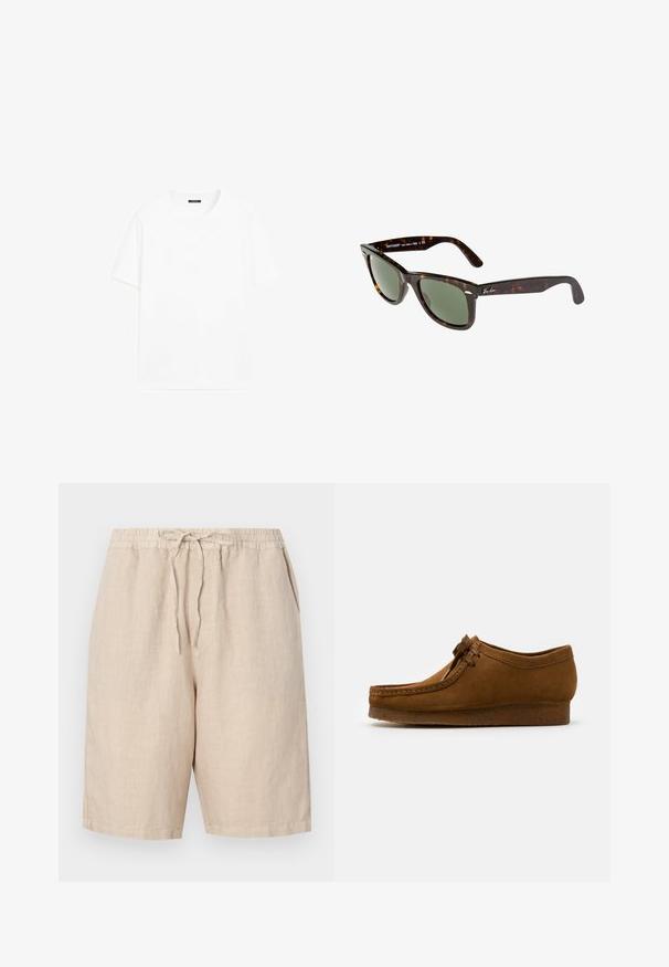 White cotton t-shirt with short sleeves, round neckline, and a straight cut. Smooth texture with no visible patterns or accents.; Linen shorts in a light beige color with an elastic waistband, adjustable drawstring, and side pockets. Smooth texture with a relaxed fit.; Brown suede shoe featuring a round toe and low heel, detailed stitching along the seams, and a lace-up front. Soft texture with streamlined design.; Wayfarer sunglasses with dark tortoiseshell plastic frame, green lenses, and silver Ray-Ban logo on the temple.