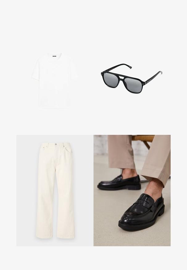 Biały bawełniany t-shirt z krótkimi rękawami, okrągłym dekoltem i prostym krojem. Gładka faktura bez widocznych wzorów czy akcentów.; Kremowe dżinsy w szerokim kroju wykonane z denimu, z klasycznym pięcioma kieszeniami i metalowym zapięciem na guzik w talii.; Czarne skórzane mokasyny o gładkim wykończeniu, z dekoracyjnym paskiem i kontrastowym szwem, w połączeniu z beżowymi spodniami.; Czarne okulary przeciwsłoneczne z prostokątnymi oprawkami, szarymi soczewkami i wycięciem w mostku. Gładki, błyszczący materiał plastikowy, z wąskimi zausznikami.