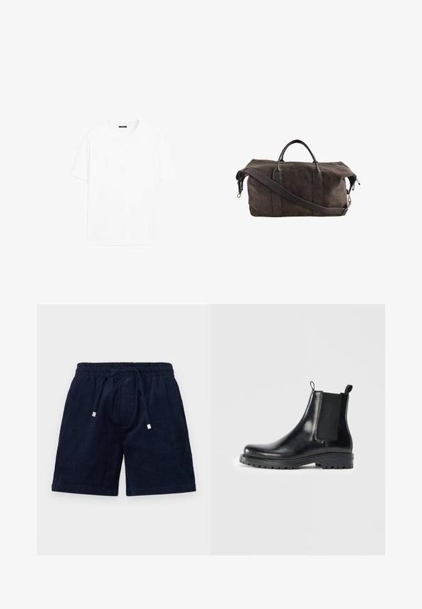 Biały bawełniany t-shirt z krótkimi rękawami, okrągłym dekoltem i prostym krojem. Gładka faktura bez widocznych wzorów czy akcentów.; Granatowe szorty z korduroju z elastycznym pasem, regulowanym sznurkiem i złotymi metalowymi końcówkami. Charakteryzują się miękką fakturą i prostym krojem.; Czarne skórzane botki Chelsea z elastycznymi panelami bocznymi, pętelką do łatwego zakładania oraz wytrzymałą gumową podeszwą z teksturowanym gripem.; Ciemnobrązowa torba podróżna zamszowa z skórzanymi uchwytami i regulowanym paskiem na ramię, wyposażona w zamek błyskawiczny u góry.