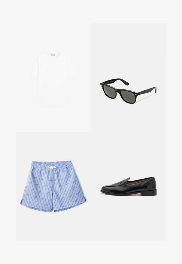 Bílá bavlněná tričko s krátkými rukávy, kulatým výstřihem a rovný střih. Hladká textura bez viditelných vzorů nebo akcentů.; Světle modré plavky s vertikálními bílými pruhy a malými modrými logy. Mají elastický pas s bílou šňůrkou a postranní rozparky.; Černé kožené mokasíny s hladkým povrchem, zaoblenou špičkou, nízkým podpatkem a bočními štěrbinami pro snadné obouvání. Na přední straně je diskrétní logo.; Černé plastové sluneční brýle se zelenými skly, čtvercové obroučky, stříbrný detail na obočí a texturované stranice. Značka uvedená na vnitřní straně stranic.; Sada pěti kovových prstenů různých šířek. Prsteny mají hladký, leštěný povrch a jednotnou stříbrnou barvu.