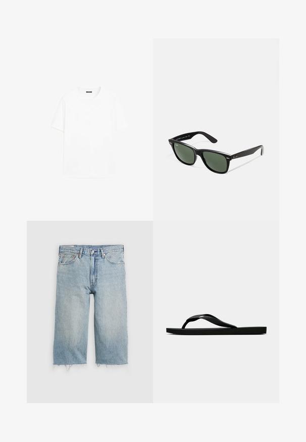 Bílá bavlněná tričko s krátkými rukávy, kulatým výstřihem a rovný střih. Hladká textura bez viditelných vzorů nebo akcentů.; Světle modré džíny šortky se rovný střih, třepený lem, pět kapsový design a zapínání na knoflík v pase.; Černé gumové žabky s texturovaným páskem a jednoduchou plochou podrážkou, zobrazené z boku na světlém pozadí.; Černé plastové sluneční brýle se zelenými skly, čtvercové obroučky, stříbrný detail na obočí a texturované stranice. Značka uvedená na vnitřní straně stranic.