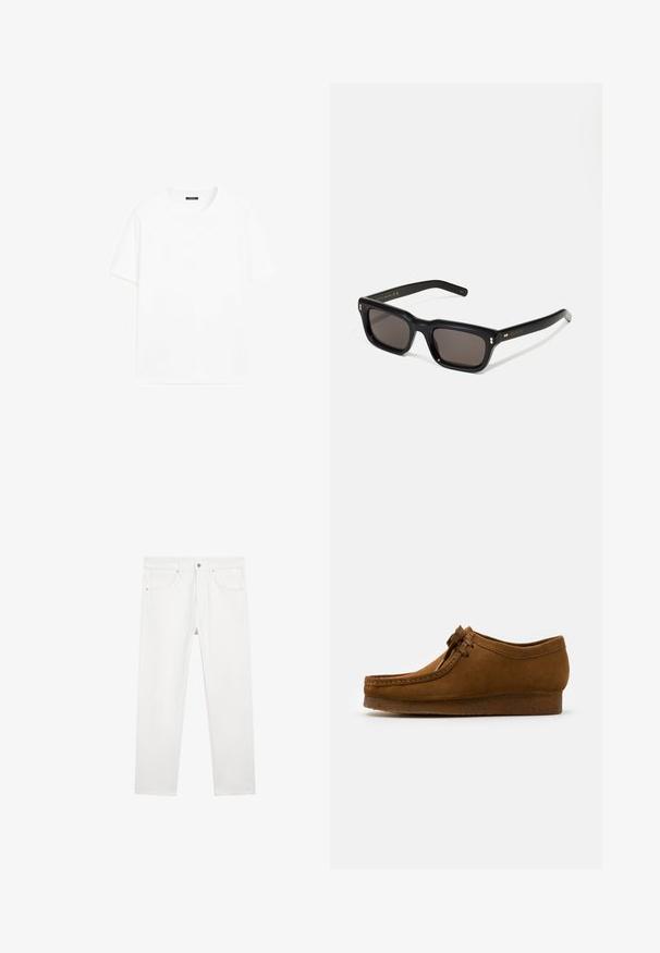 T-shirt en coton blanc à manches courtes, col rond et coupe droite. Texture lisse sans motifs ni accents visibles.; Pantalon en denim blanc avec une coupe droite, doté de poches avant, passants de ceinture et d'une fermeture à bouton. Texture lisse, finition soignée.; Chaussure en daim marron avec un bout rond et un petit talon, dotée de coutures détaillées le long des coutures et d'un système de laçage à l'avant. Texture douce avec une conception épurée.; Lunettes de soleil noires rectangulaires avec des verres foncés, monture en plastique épais, accents dorés sur les branches et logo de la marque gravé sur le bras.