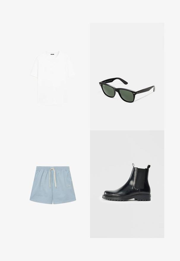 White cotton t-shirt with short sleeves, round neckline, and a straight cut. Smooth texture with no visible patterns or accents.; Striped blue swim shorts with an elastic waistband and white drawstring. Features light fabric and a subtle logo on the lower left.; Black leather Chelsea boots with elastic side panels, a loop-tab for easy wear, and a rugged rubber sole with a textured grip.; Black plastic sunglasses with green lenses, square frames, silver accent on the brow, and textured temple arms. Stated brand on inner arm.