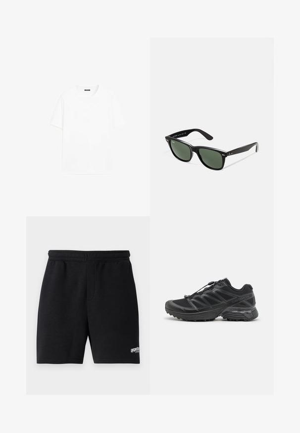 Bílá bavlněná tričko s krátkými rukávy, kulatým výstřihem a rovný střih. Hladká textura bez viditelných vzorů nebo akcentů.; Černé bavlněné kraťasy s elastickým pasem, dvěma bočními kapsami a malým bílým logem na dolním pravém rohu. Hladká textura.; Černá běžecká obuv s vrškem z prodyšné síťoviny a syntetického materiálu, flexibilní podešev a elastické šňůrky. Obsahuje polstrovanou mezipodešev pro pohodlí.; Černé plastové sluneční brýle se zelenými skly, čtvercové obroučky, stříbrný detail na obočí a texturované stranice. Značka uvedená na vnitřní straně stranic.