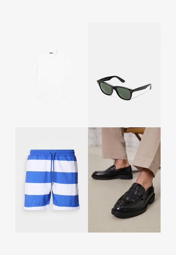 Weißes Baumwoll-T-Shirt mit kurzen Ärmeln, rundem Ausschnitt und geradem Schnitt. Glatte Textur ohne sichtbare Muster oder Akzente.; Blau-weiß gestreifte Badeshorts aus leichtem Material, mit einem elastischen Bund und Kordelzug sowie einer glatten Oberfläche.; Schwarze Lederloafers mit glatter Oberfläche, ausgestattet mit einem dekorativen Riemen und Kontrastnähten, kombiniert mit beigen Hosen.; Schwarze Plastiksonnenbrille mit grünen Gläsern, quadratischen Rahmen, silbernem Akzent auf der Augenbraue und strukturierten Bügeln. Angegebene Marke auf dem inneren Bügel.