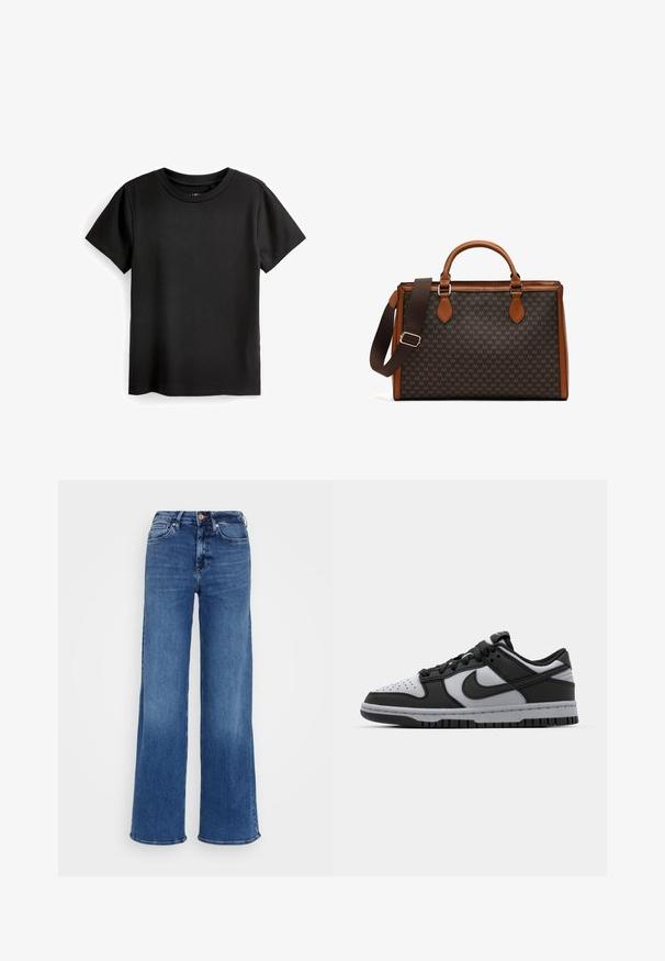 Čierne bavlnené tričko s krátkymi rukávmi, okrúhlym výstrihom a rebrovanou textúrou. Bez vzorov alebo kovania; štandardný rovný strih.; Džínsy z mid-modrej rifloviny s vysokým pásom a širokými nohavicami, s gombíkom a zipsom, a prednými a zadnými vreckami, na jednoduchom svetlosivom pozadí.; Čierne a šedé nízke tenisky Nike Dunk s perforovanou špičkou, hladkými koženými akcentmi a gumovou podrážkou so štruktúrovaným dezénom.; Hnedá kabelka so vzorom a koženými detailmi, s dvojitými uchami a odnímateľným popruhom. Má zipsové uzatváranie a štruktúrovaný tvar.