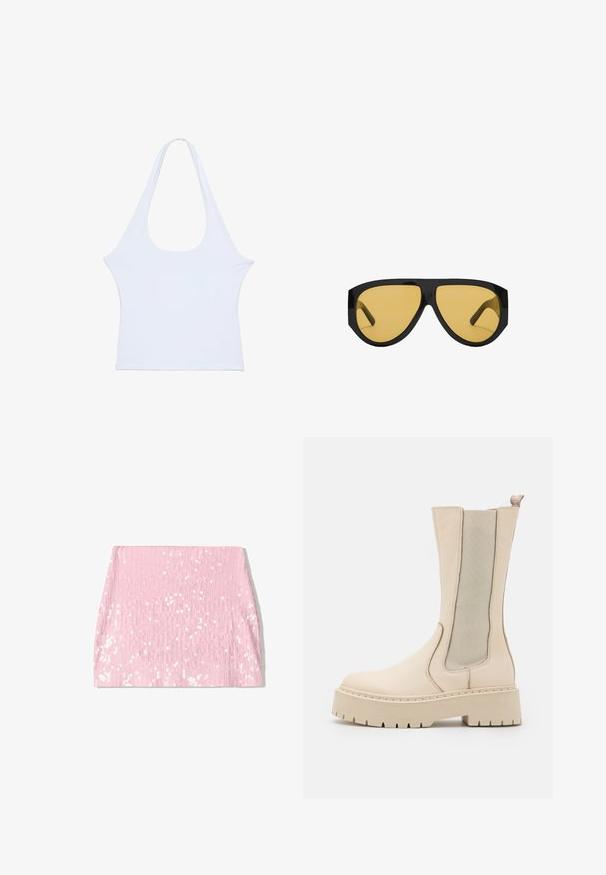 Bijela bezrukavna majica, izrađena od mekog materijala, s širokim okruglim izrezom, jednostavnog dizajna. Bez upadljivih uzoraka ili ukrasa, ravna tekstura.; Pink sjajna mini suknja s vertikalnom rebrastom teksturom, s uskim siluetom i sjajnim šljokicama po površini.; Bež čizme do gležnja s teksturiranim kožnim tijelom, elastičnim bočnim panelima i robusnom platformom s dizajnom grubog trola.; Sunčane naočale s elegantnim okvirom od crnog plastike i žutim lećama, s izrazitim kutnim oblikom i širokim sljepoočnicama za dodatnu zaštitu.