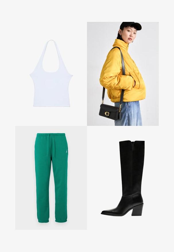 Ein weißes ärmelloses Oberteil aus weichem Material mit einem weit geschnittenen Rundhalsausschnitt, das insgesamt schlicht gehalten ist. Es hat kein auffälliges Muster oder Dekoration und eine glatte Textur.; Grüne Sweatpants aus Baumwollmischung, mit einem elastischen Taillenbund und Zugband sowie einer Seitenasche. Klassisches Design mit geradem Bein.; Schwarze kniehohe Stiefel aus glattem Leder, mit spitzem Schuhbund, einem Blockabsatz und einem V-förmigen Ausschnitt an der Oberseite.; Gelbe gepolsterte Jacke mit hohem Kragen und Fronttasche, kombiniert mit einer schwarzen Umhängetasche mit goldenen Beschlägen. Lässige Denim-Hosen.
