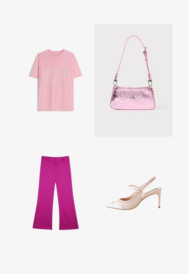 Roze katoenen t-shirt met korte mouwen, voorzien van een decoratief kristalontwerp met de tekst "Dancing By Me" in cursief. Ronde halslijn.; Roze flared broek met een textuur golfpatroon, voorzien van een tailleband en zonder zichtbare hardware. De stof lijkt glad en rekbaar.; Lichtroze slingback hak met een puntige neus en witte punt. Heeft geschulpte rand en strikdetail op de enkelband. Hoge stiletto hak.; Roze metallic handtas met een geplooide textuur, een verstelbare riem en zilverkleurige hardware. Heeft een klein embleem aan de voorkant.