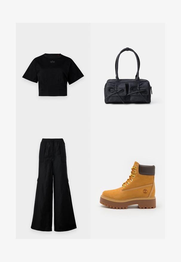 Schwarzes, kurzes T-Shirt aus Baumwolle. Mit kurzen Ärmeln und Rundhalsausschnitt. Enthält ein dezentes Logodetail auf der Brust.; Schwarze weit geschnittene Cargo-Hosen aus einem glatten, leichten Stoff. Verfügt über einen elastischen Bund, eine Kordel und seitliche Taschen.; Beige, wasserdichte Stiefelette mit einer robusten Gummisohle, runder Zehenpartie, braunem Lederkragen, gelben Schnürsenkeln und einem Logo an der Seite.; Schwarze Stoffhandtasche mit zwei vorderen Taschen, die mit Schleifendetails versehen sind, doppelten Griffen und einem Reißverschluss. Weiche Textur und rechteckige Form.