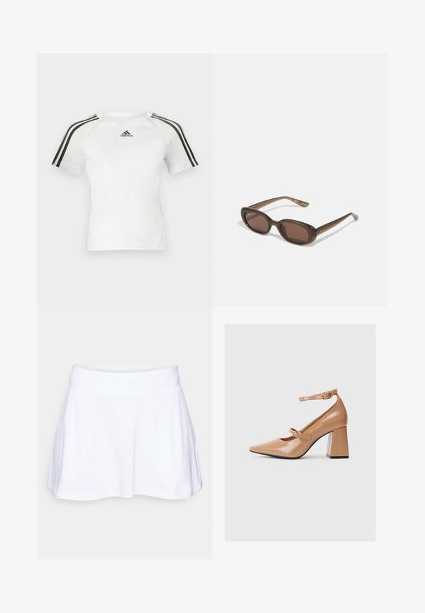 Bílý sportovní triko s krátkým rukávem, s černým třemi pruhy na ramenou, hladkou texturou a malým černým logem adidas na hrudi.; adidas Performance CLUB SKIRT POCKET - Sportovní sukně - white; Béžové lakované kožené lodičky na vysokém podpatku s špičatou špičkou, s páskem kolem kotníku a silným čtvercovým podpatkem. Hladký povrch s lesklým finišem.; Hnědé oválné sluneční brýle s tmavými skly. Rámeček je z průhledného hnědého materiálu a má na stranách potisk s logem.; Hedvábný šátek v námořnické modré a bílé barvě se geometrickým zigzagovým vzorem. Hladký povrch, úhledně uvázaný kolem krku, doplňuje žebrovaný top.; Bílá syntetická kabelka v trojúhelníkovém tvaru, s plochým předním klopným víkem a detailem mašle, nastavitelným popruhem, hladkým povrchem a minimalistickým designem.