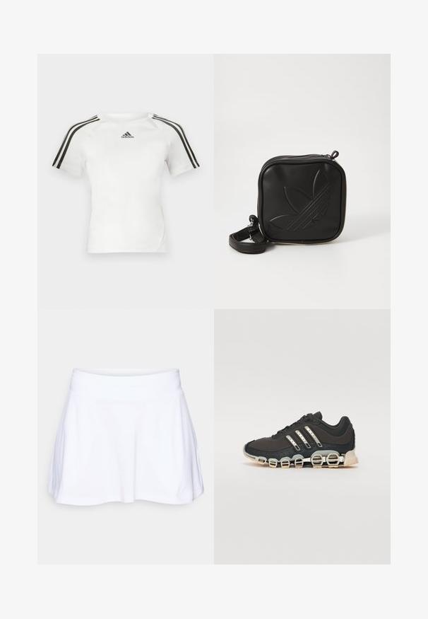 Bielo krátky rukáv športové tričko s čiernym trojpruhovým dizajnom na pleciach, hladká textúra a malé čierne logo adidas na hrudníku.; adidas Performance CLUB SKIRT POCKET - Športová sukňa - white; Čierna športová obuv s textúrovaným zvrškom, tromi striebornými pruhmi a charakteristickou podošvou s viacerými integrovanými sekciami.; Čierna štvorec krossbody taška vyrobená z textúrovaného syntetického materiálu. Obsahuje embosovanú logo úpravu a nastaviteľný popruh. Zapínanie na zips.
