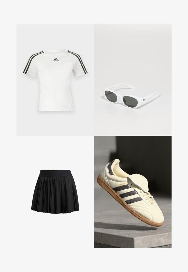 Hvit kortermet treningstrøye med svart tre-stripes design på skuldrene, glatt tekstur, og en liten svart adidas-logo på brystet.; Svart plisserte skjørt med elastisk midjebånd, med teksturert stoff og lagdelt design som skaper volum ved kanten.; Kremfargede lær sneakers med tre mørke striper, en brun gummisåle og en avrundet tå. Har en sammenleggbar tunga merket "SAMBA."; Hvite solbriller med runde rammer og mørke linser. Har en jevn plastoverflate og liten logo på stangen.